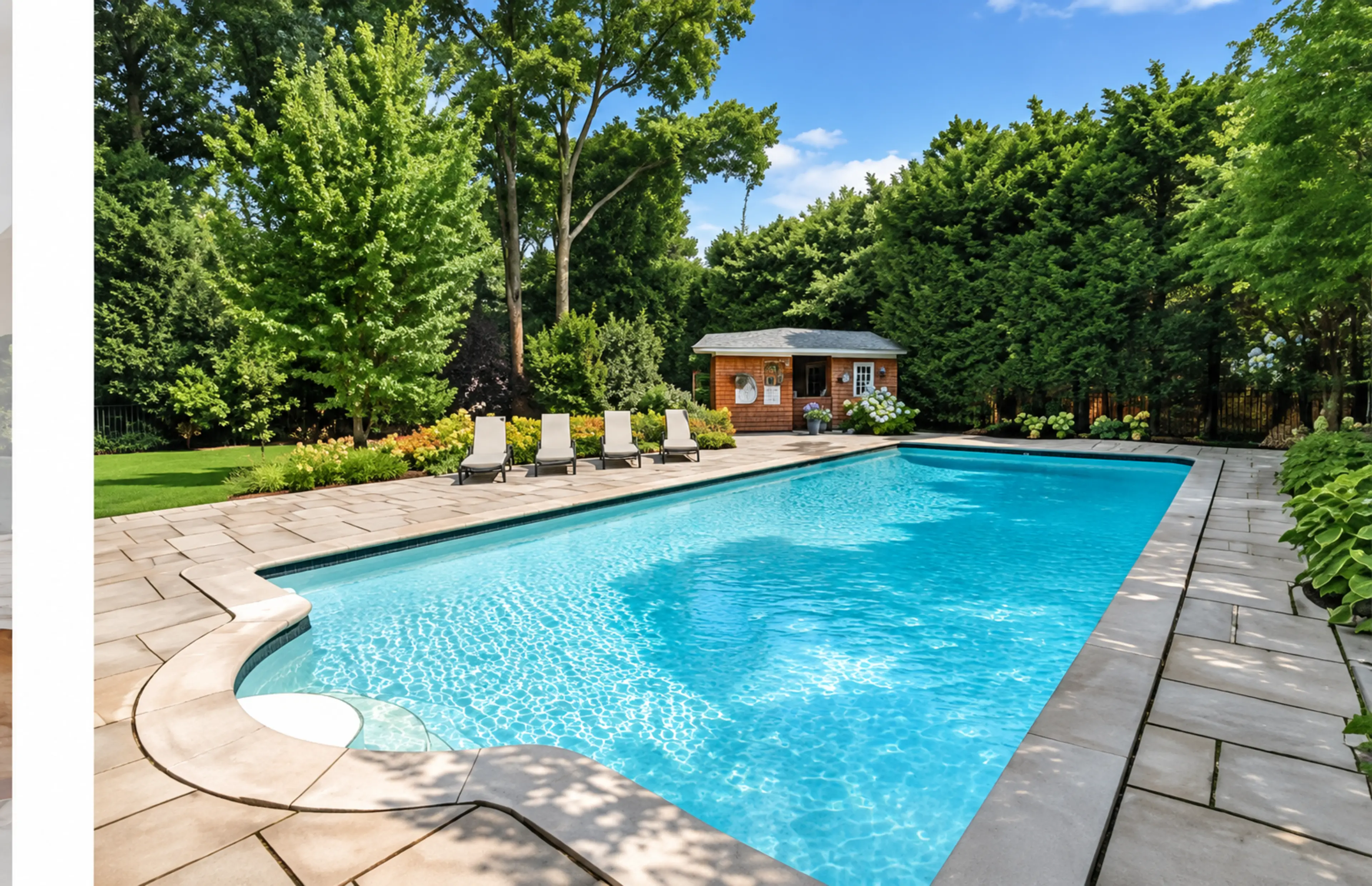 Swimming pool, landscape and pool house