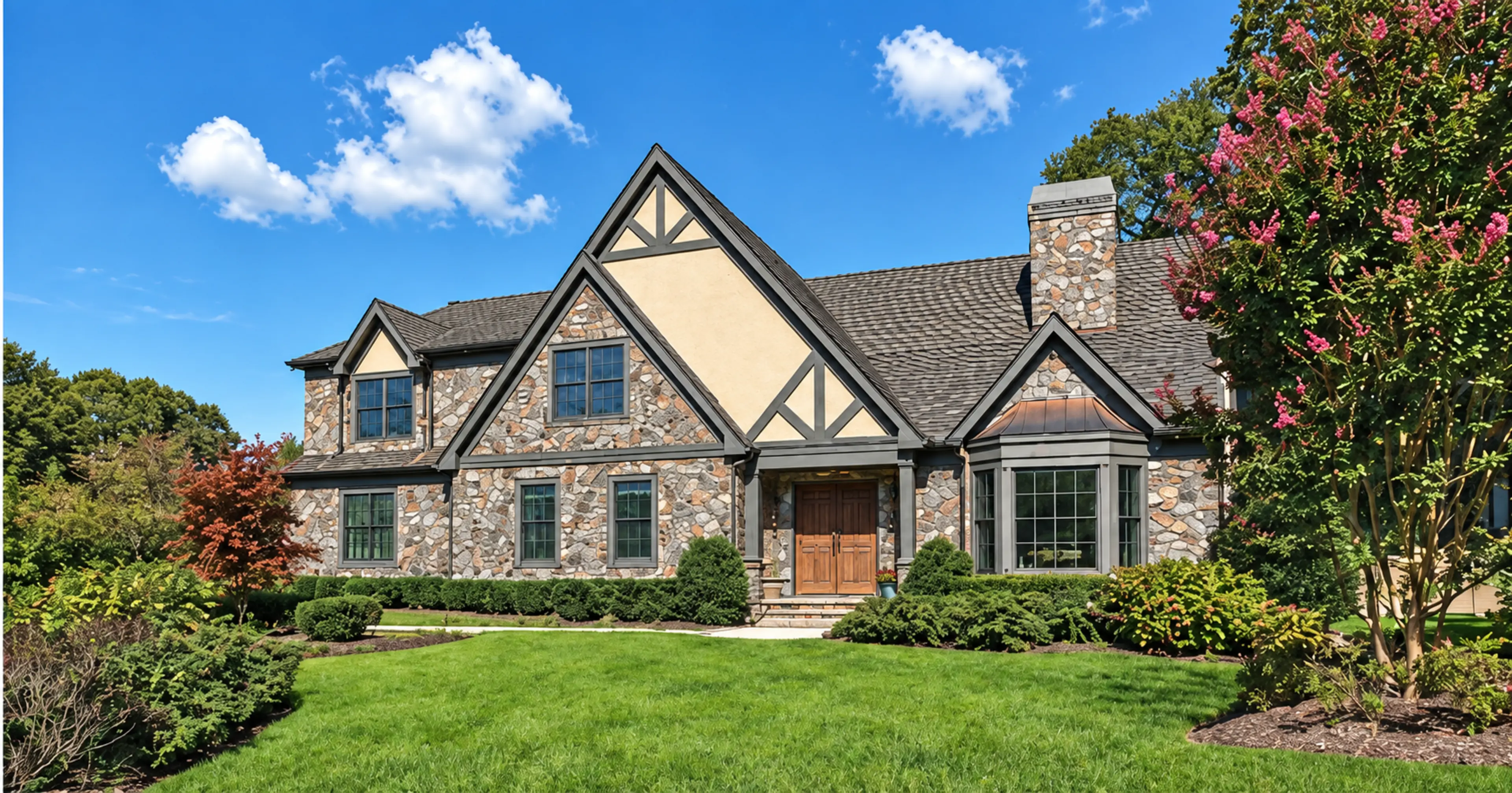 Stone facade and wood front door of a residence