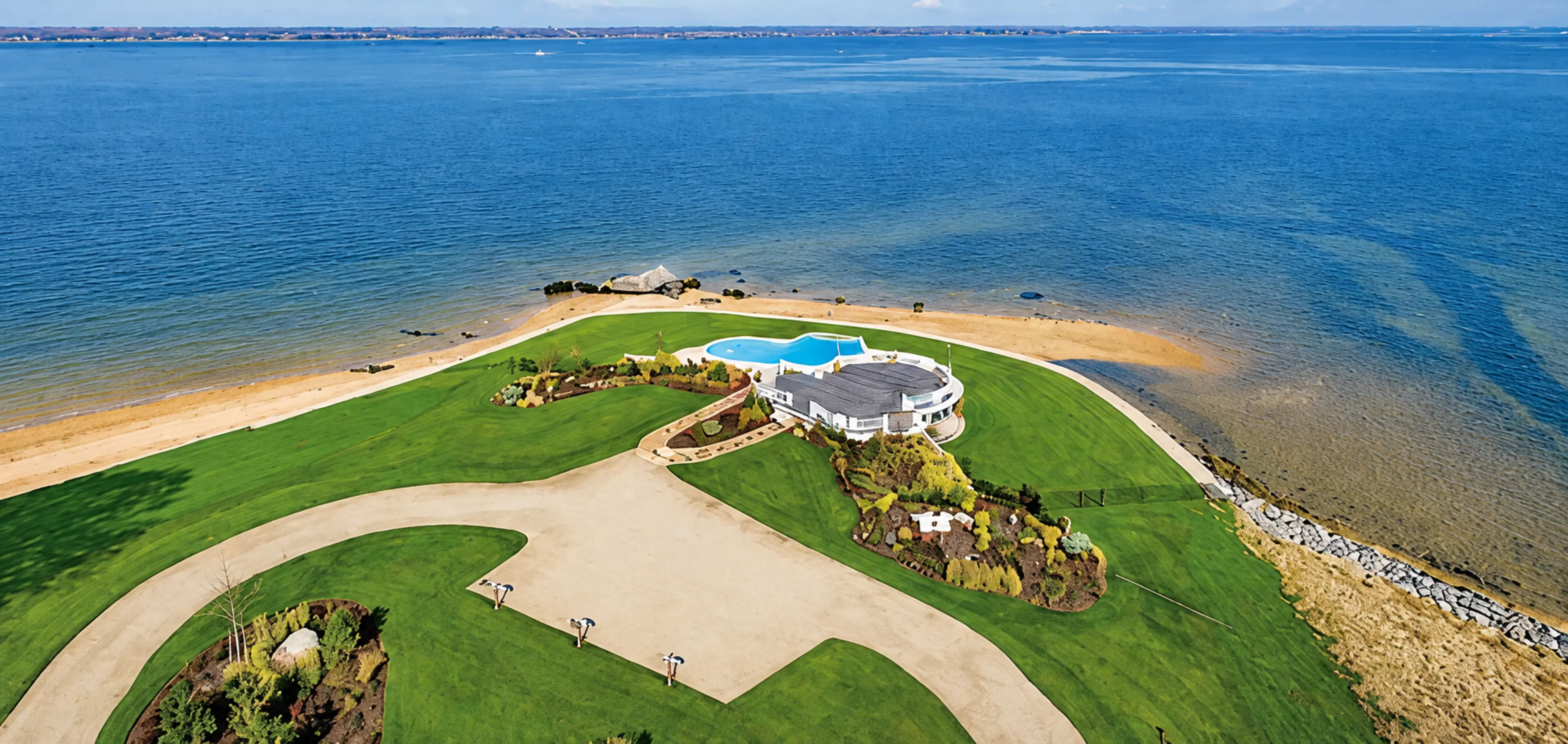 Aerial view of a waterfront residence and grounds